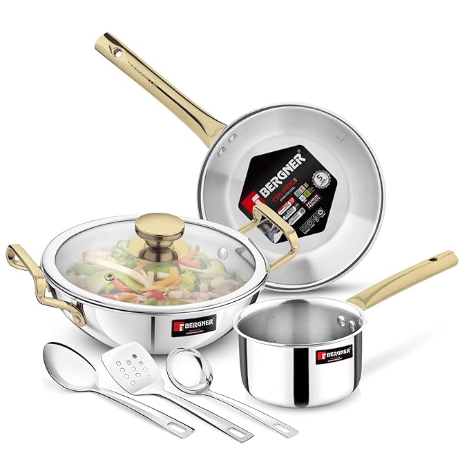 Bergner TriPro Triply Stainless Steel Induction Bottom 7 Pcs Cookware Set with PVD Coated Golden Handles, Kadai 22cm/2L with Glass Lid, Frypan 22cm, Saucepan 14cm/1.2L, Turner, Ladle, Serving Spoon