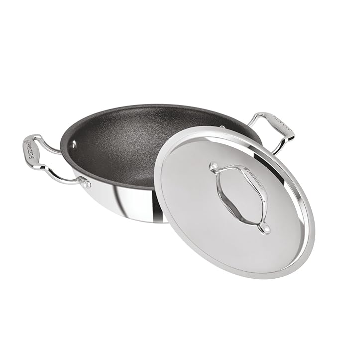 Bergner Hitech-Peek Triply Stainless Steel Kadai/Indian Wok with Steel Lid, 20 cm, Non Stick Performance Coating, Induction Bottom, Gas Ready, Metal Spatula Friendly