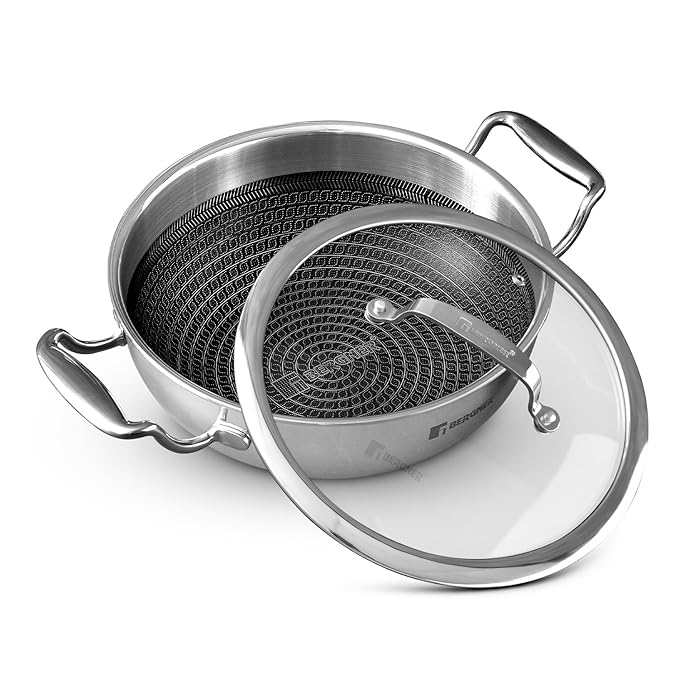 BERGNER Hi-Tech Giro Triply Kadai with Glass Lid 20cm (1.5L), Honeycomb Mesh Non-Stick Coating, PFOA Free, Consumes Less Oil, Healthy Cooking, Even Heat Distribution - Induction and Gas Stove Ready