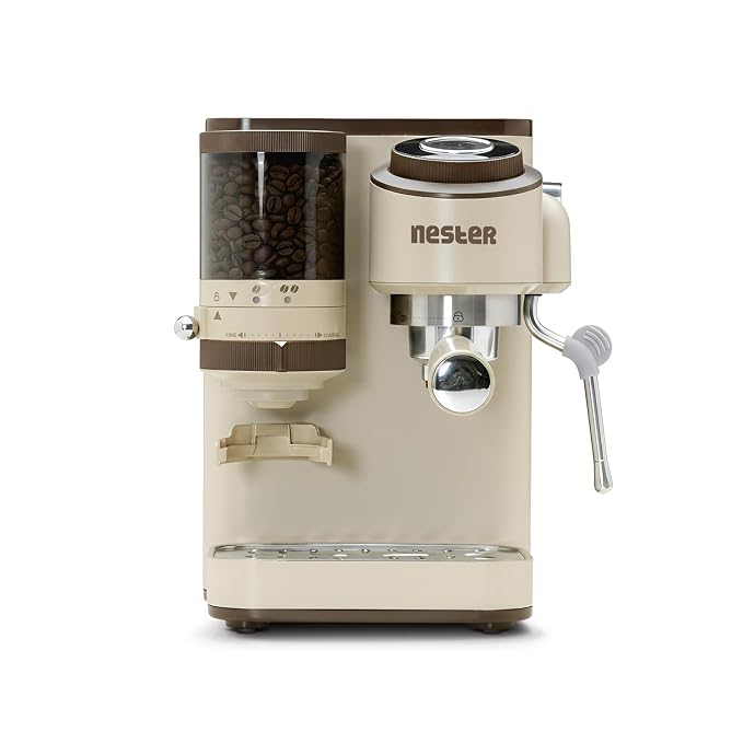 NESTER Home Barista Coffee Machine – 20 Bar Italian Ulka Pressure Pump, Built-in Grinder, BrewCore™ Technology, PID Temperature Control, Espresso, Americano, Steam & Pod Compatible - Dalgona Brown