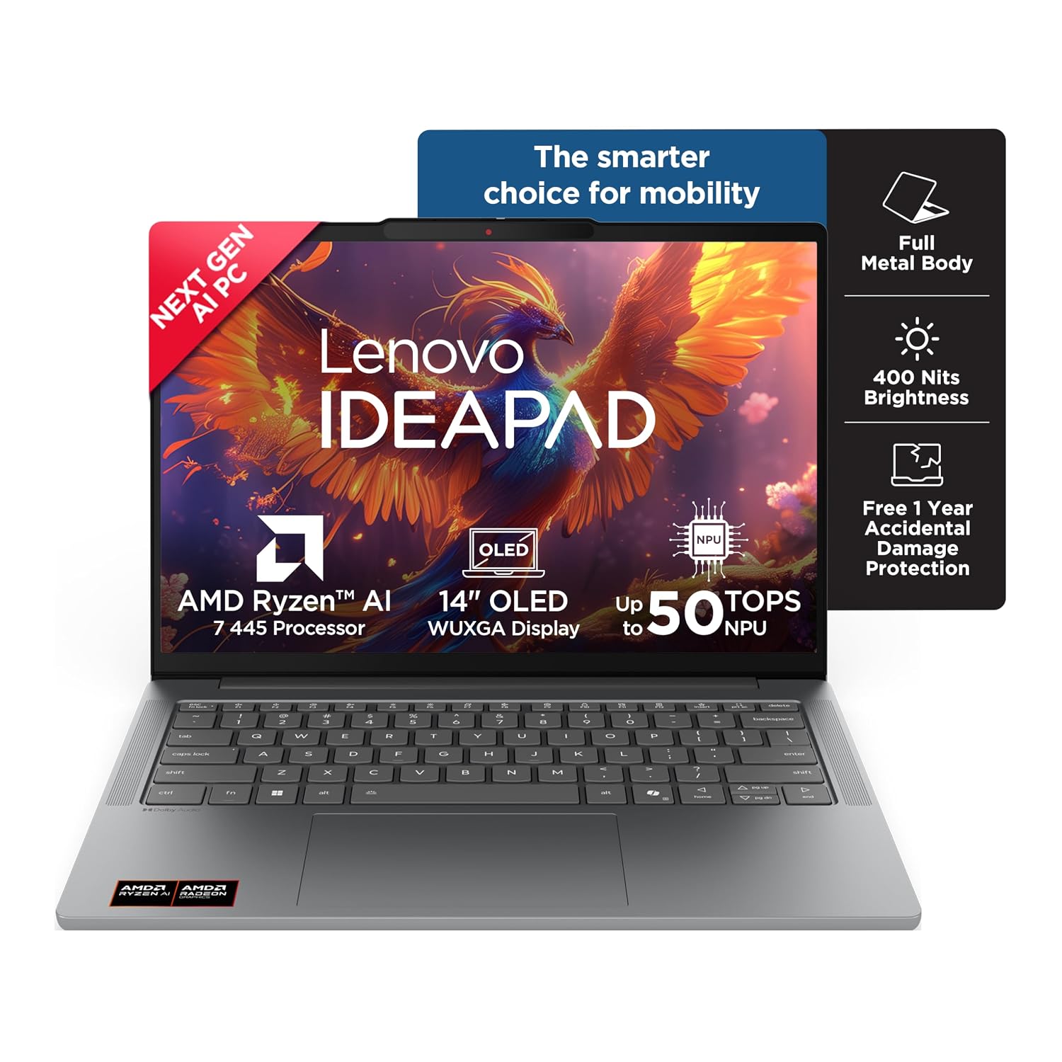 Lenovo IdeaPad Slim 5 AMD Ryzen AI 7 445 (16GB RAM/512GB SSD/16 (40.6cm)/WUXGA OLED/Copilot+ PC/Windows 11/MSO 365 Basic+Office 2024/1Yr ADP Free/Grey/1.4Kg), 83S2005SIN AI Laptop