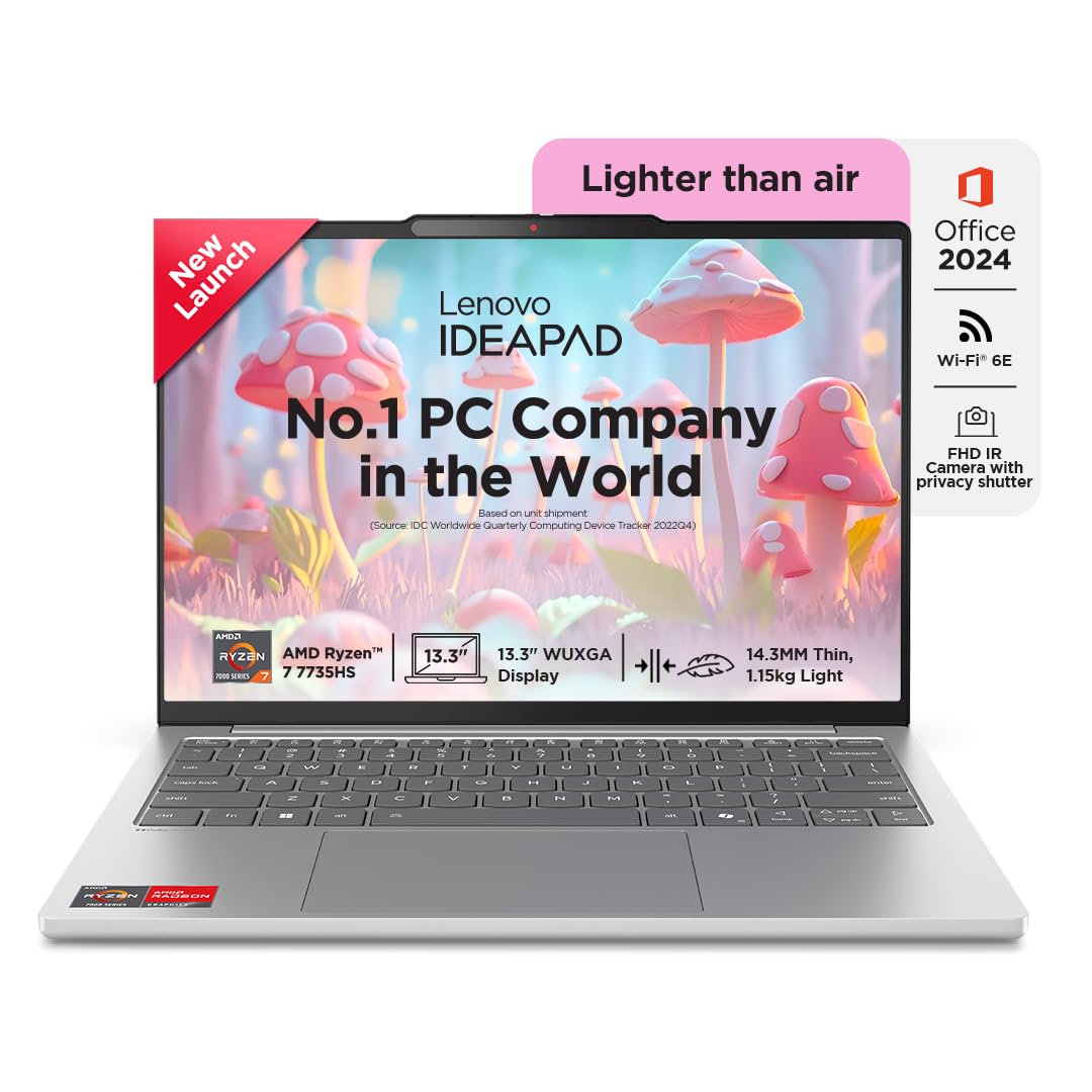 Lenovo IdeaPad Slim 5 Ryzen 7 7735HS (16GB RAM/512GB SSD/Integrated AMD Radeon 680M Graphics/WUXGA IPS Display/13.3" (33.7cm)/Windows 11/Office Home 2024/Backlit KB/Grey/1.15Kg), 83J2000HIN Laptop