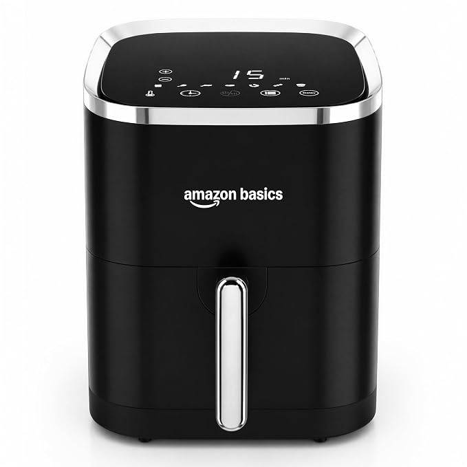 Amazon Basics 3.5L Electric Air Fryer | 1200 W | Temp. Settings Up to 200°C | 7 Pre-set Options | 360° High Speed Air Circulation | Non-Stick Coated | Touch Control Display | Black|BIS Certified