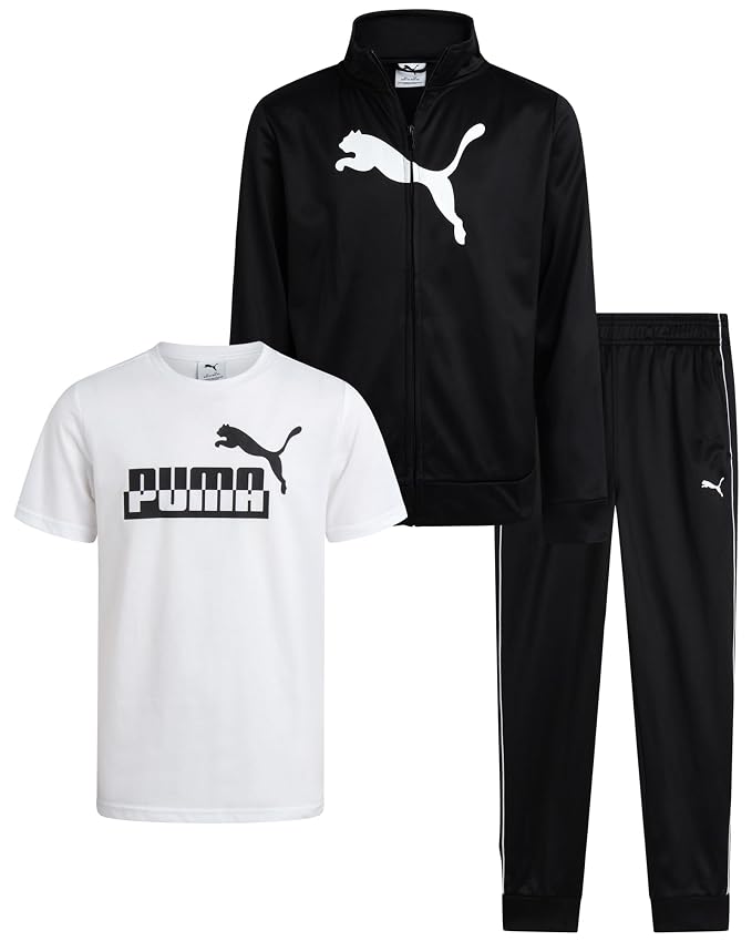 PUMA Toddler Boys Pants Set - 3 Piece Athletic T-Shirt, Zip Up Jacket, Jogger Pants - Boys Activewear Tricot Jogset (2T-7)