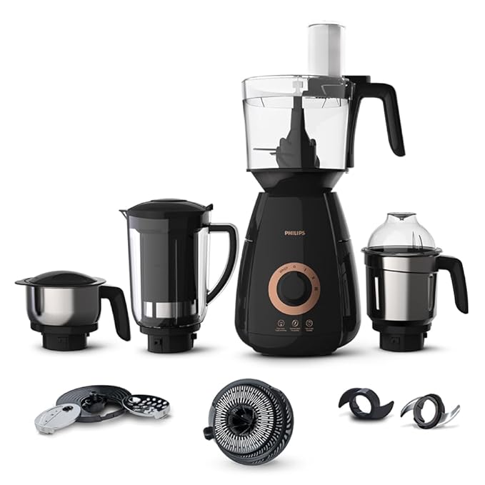 Philips Stainless Steel Mixer Grinder + Food Processor, 3-in-1 750 Watt (Mixer Grinder for home + Juicer + Food Processor) 4 Jar, (HL7707/01), Black