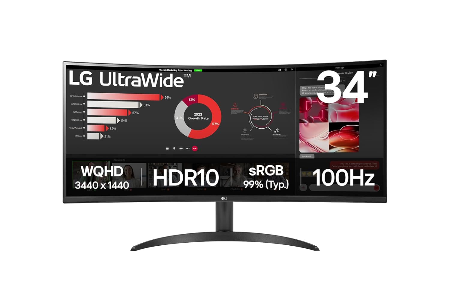 LG 34 Inch -34WR50QK, 21:9 Curved Ultra Wide Monitor, WQHD (3440 x 1440 Pixels), sRGB 99%(Typ), HDR 10, Dual Controller, PBP, Flicker Safe, Smart Energy Saving, HDMI, DP, Head Phone Out,Tilt, Black