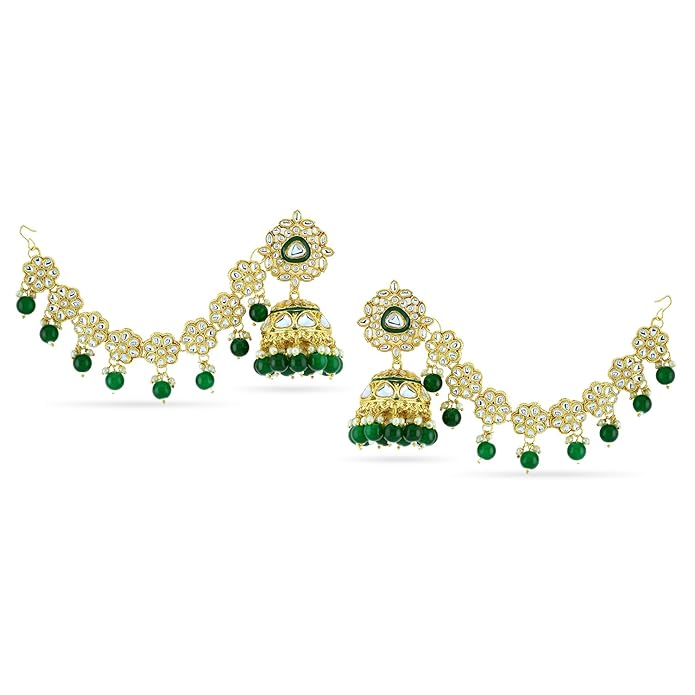 Rubans 22K Gold-Plated Kundan Studded Kan Chain Earrings with Beads & Green Enamel Detailing - Long Ear Chain Earrings for Women and Girls