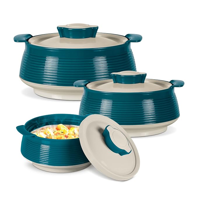 MILTON Venice Regular Insulated Inner Stainless Steel Casserole, Set of 3, (850 ml, 1.35 litres, 1.85 litres), Marble Green | Double Walled | Hot & Cold