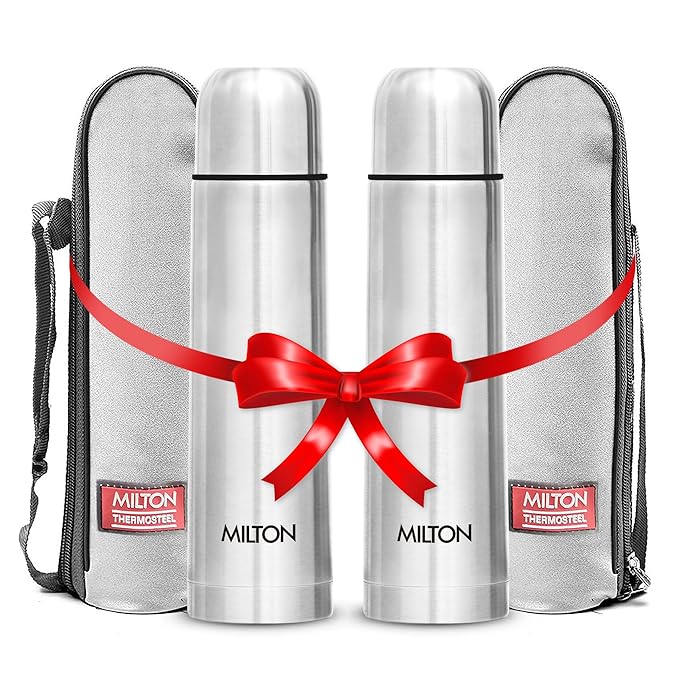 Milton Flask 34 oz Insulated Water Bottle with Cover, Flip Lid, Set of 2 | Stainless Steel, Double Wall Vacuum Insulation, Keeps Drinks Hot & Cold up to 24 Hours, Leak Proof, Silver