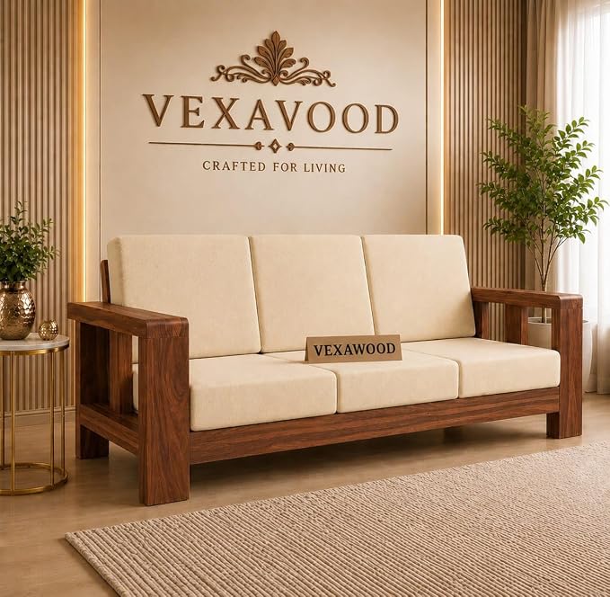 Sheesham Wooden 3 Seater Sofa for Living Room | Solid Wood Sofa | Rosewood Sofa Set for Home & Office | Lounge (Walnut, 3 Seater)