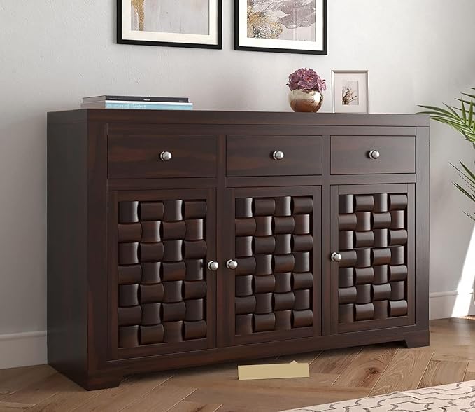 Sheesham Wood Sideboard Cabinet | Solid Wood Buffet Unit with 3 Doors & 3 Drawers | Living Room, Dining Room & Kitchen Storage | Walnut Finish | Pre-Assembled