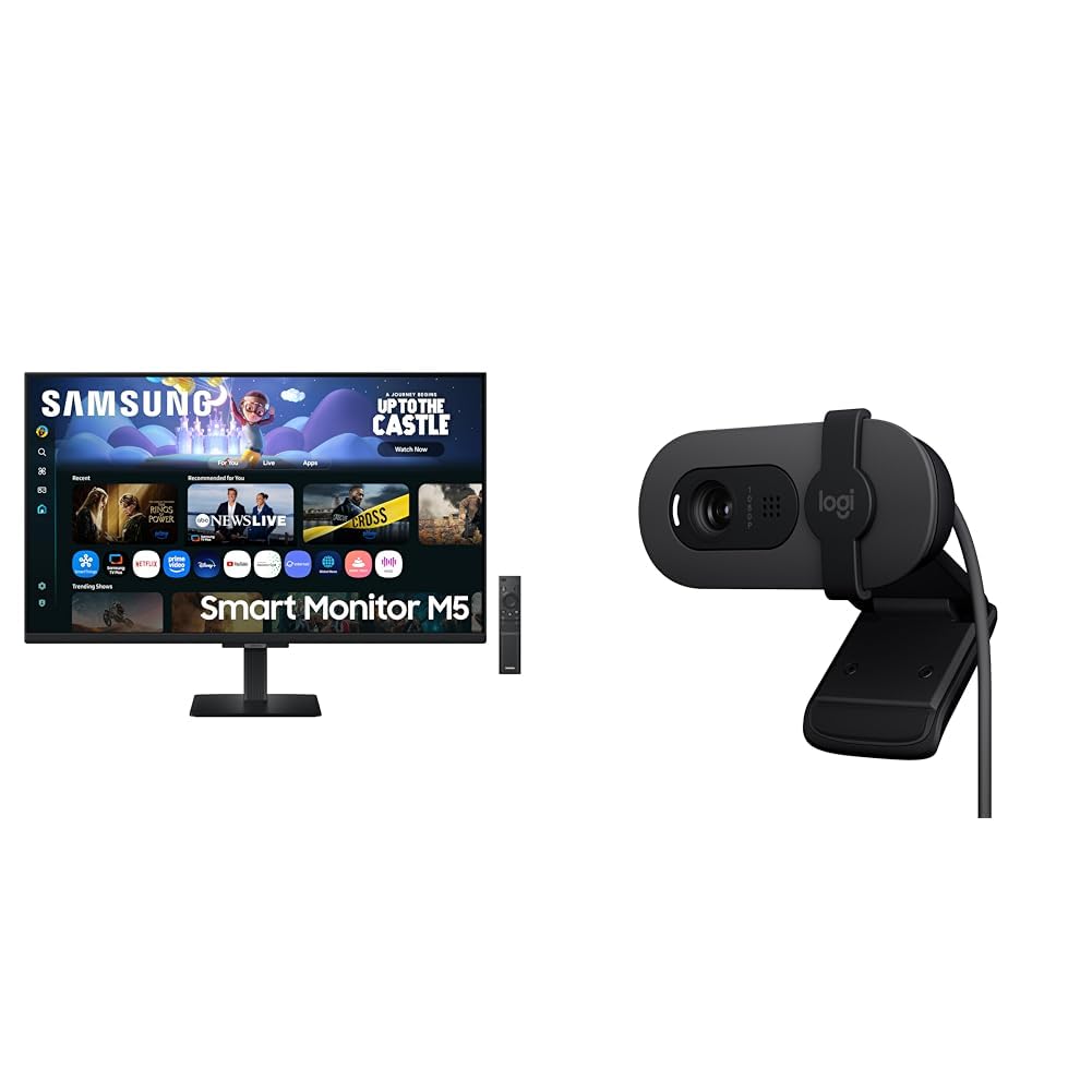 Samsung 32" (80cm) M5 Smart Monitor with Smart TV Experience|FHD 1920 x 1080|Screen Mirroring TV Plus|Speakers|Adaptive Sound|Wi-Fi|HDMI|Bluetooth + Logitech Brio 100 Full HD 1080P Webcam