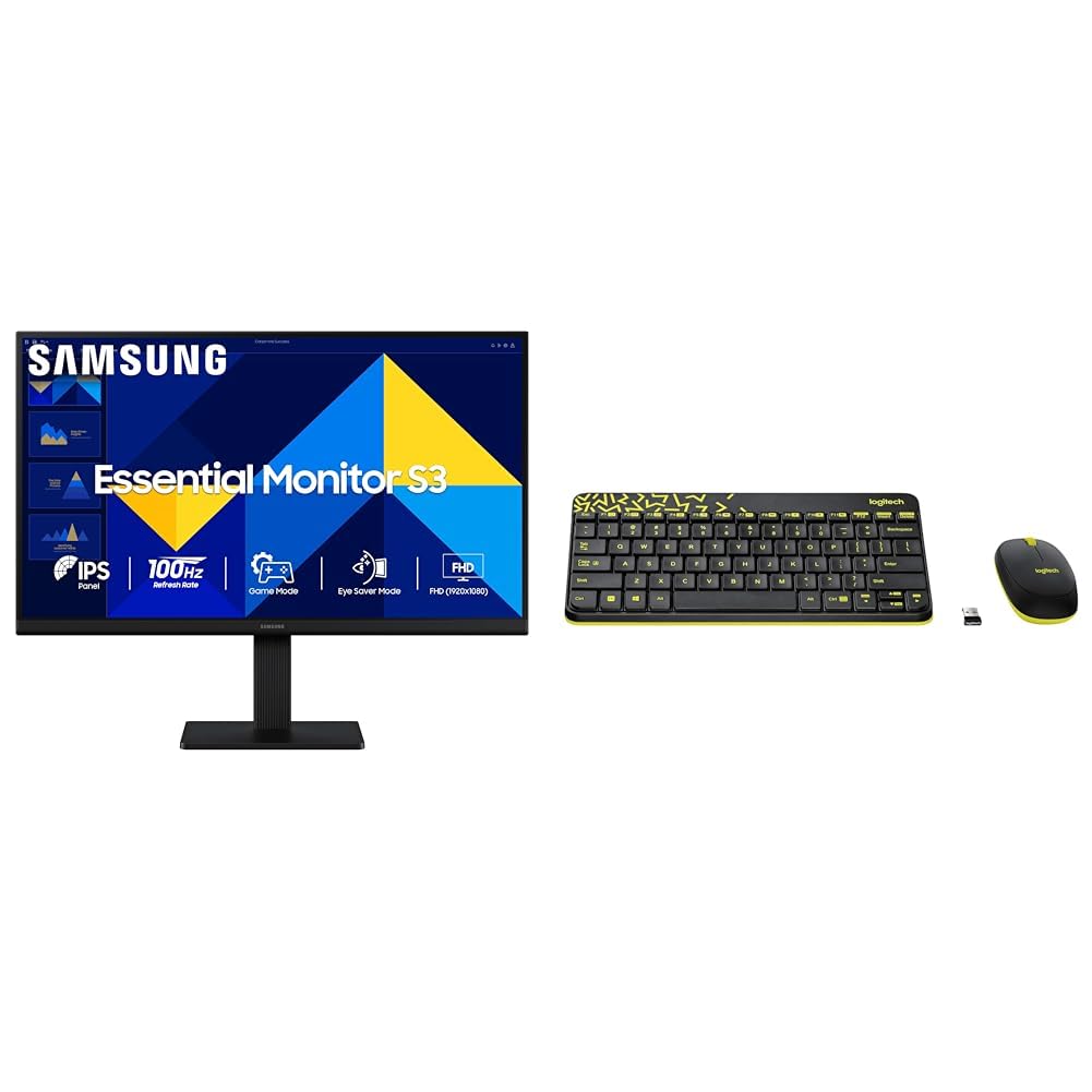 Samsung 24" S3 Flat Monitor|Super Slim Borderless Design|IPS Panel|FHD 1920 x 1080|100 Hz|5 ms|Ports-HDMI,VGA|Game Mode|Eye Saver Mode + Logitech MK240 Nano Wireless Keyboard and Mouse Combo