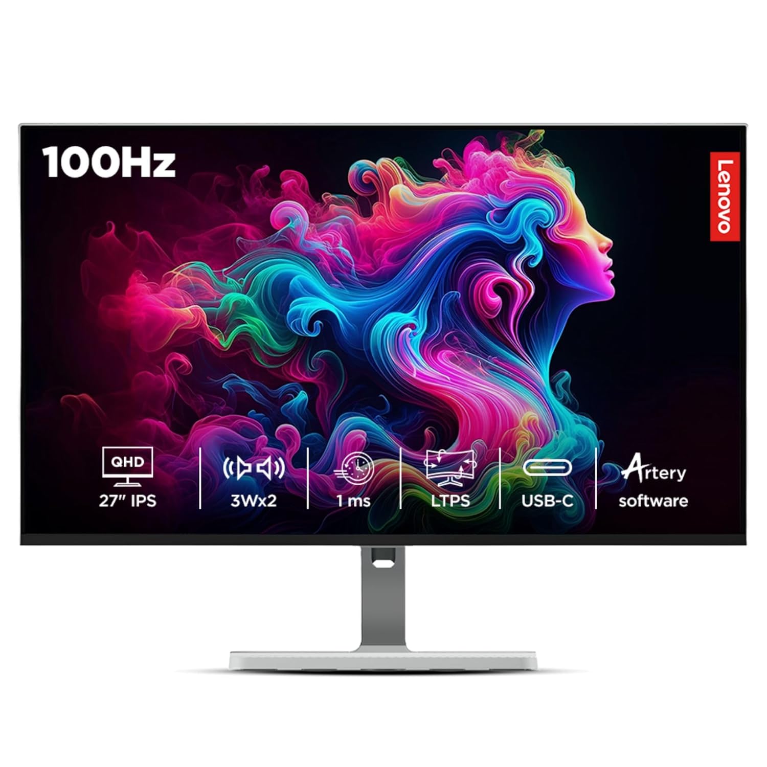 Lenovo L-Series 27 inch (68.5cm) QHD IPS Monitor, 100Hz, 1ms, 99% sRGB, 90% DCI-P3, 3Wx2 Speakers, 4xUSB-A, 1xUSB-C, 2X HDMI 2.1, Tilt, Swivel, Pivot Height Adjust Stand,75W Power delivery, L27h-4A