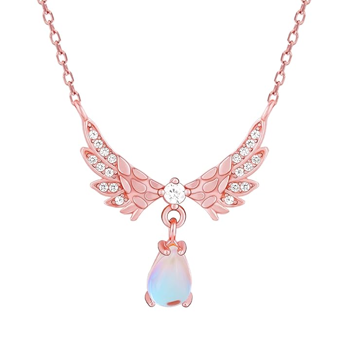 GIVA 925 Silver Rose Gold Divine Wings Moonstone Drop Necklace | Gifts for Girlfriend,Pendant to Gift Women & Girls | With Certificate of Authenticity and 925 Stamp | 6 Months Warranty*