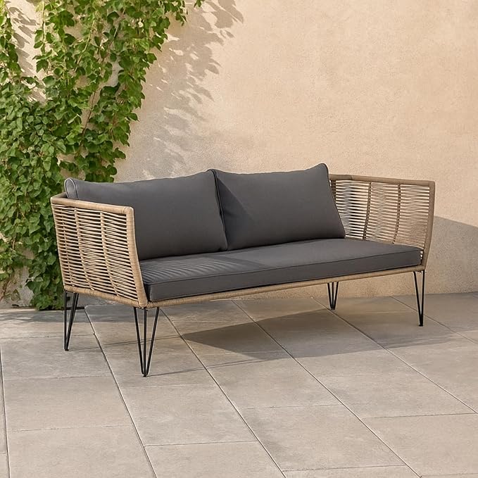 DEVOKO Rope Patio Loveseat Outdoor Furniture, All-Weather 2 Seater Garden Sofa, Balcony, Couch Lounge Chair with Cushions (Beige & Dark Grey)