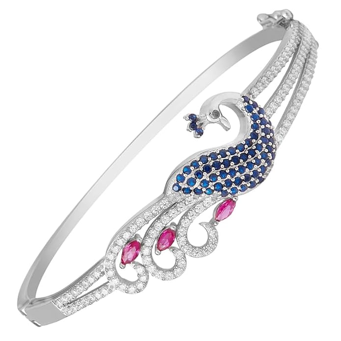 ZAVYA 925 Sterling Silver Cubic Zirconia Peacock Rhodium Plating Cuff Bracelet | Gift for Women and Girls | 1 Year Plating Warranty