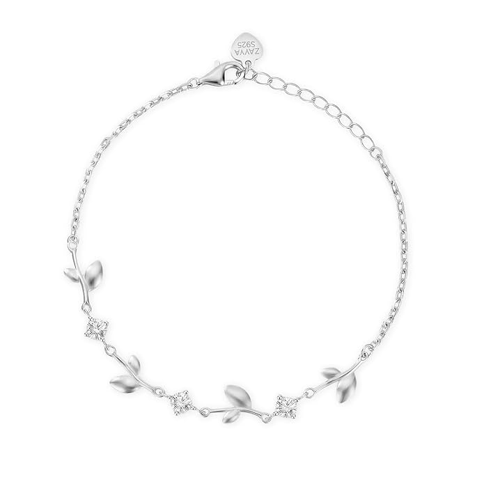 ZAVYA Sparkling Leaf Cubic Zirconia Rhodium Plated 925 Sterling Silver Adjustable Bracelet