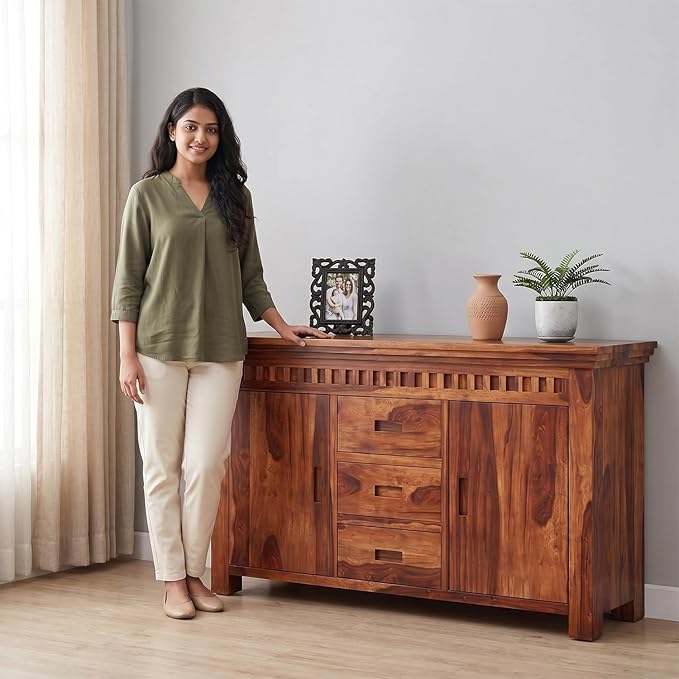 Amazon Brand - Solimo Solid Sheesham Wood Kuber Sideboard Storage Cabinet with 3 Drawer and 2 Door Storage for Living Room, Home, Office and Kitchen Organizer Chest of Drawers (Honey Finish)