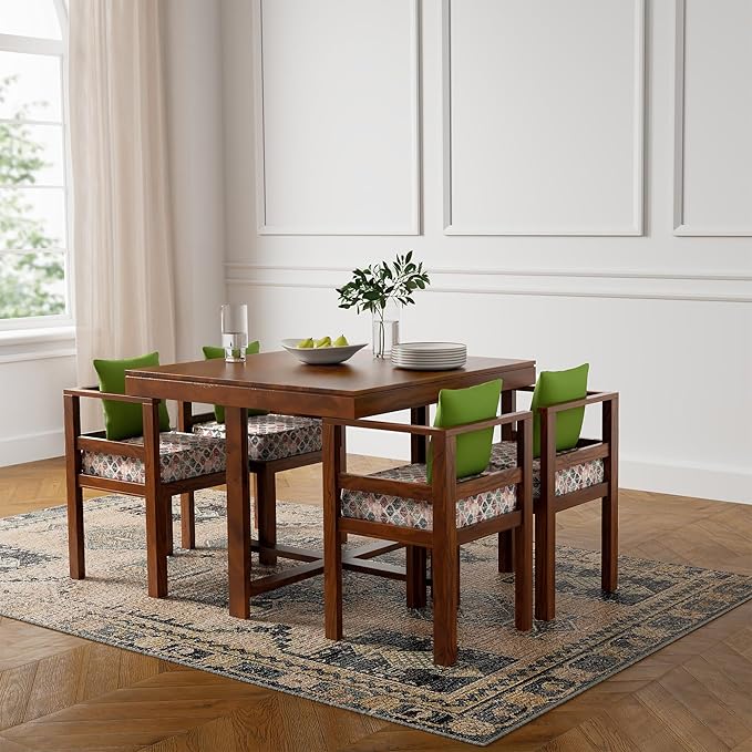 Amazon Brand - Solimo Virgo Solid Sheesham Wood 4 seater Dining Table with Chairs (Teak Finish)