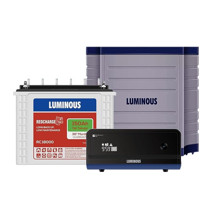Luminous Inverter & Battery Combo with Trolley for Home & Shops | Zelio+ 1100 (900VA/12V) Pure Sine Wave Inverter | RC 18000 150 Ah Tall Tubular Battery | 36 M Inverter & 36 M Battery Warranty