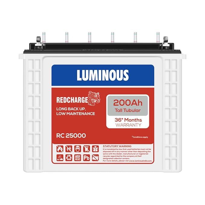 Luminous Red Charge RC 25000 Tall Tubular Inverter Battery | Leak Resistant | Compatible with All Inverter Types | 200 Ah High-Performance, For Home, Office & Shops, Durable & Low Maintenance, Easy Installation, 36 Months Warranty