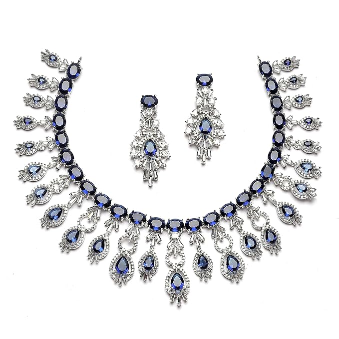 ZENEME Rhodium-Plated American Diamond Studded Oval & Teardrop Shaped Necklace With Earrings Jewellery Set For Girls and Women