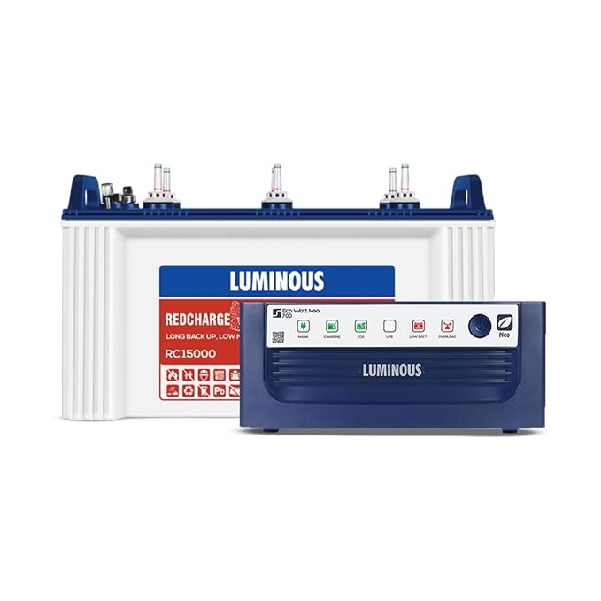 Luminous Inverter & Battery Combo (Eco Watt Neo 700 Square Wave 600VA/12V Inverter with Red Charge RC 15000ST Short Tubular 120Ah Battery) for Home, Office & Shops