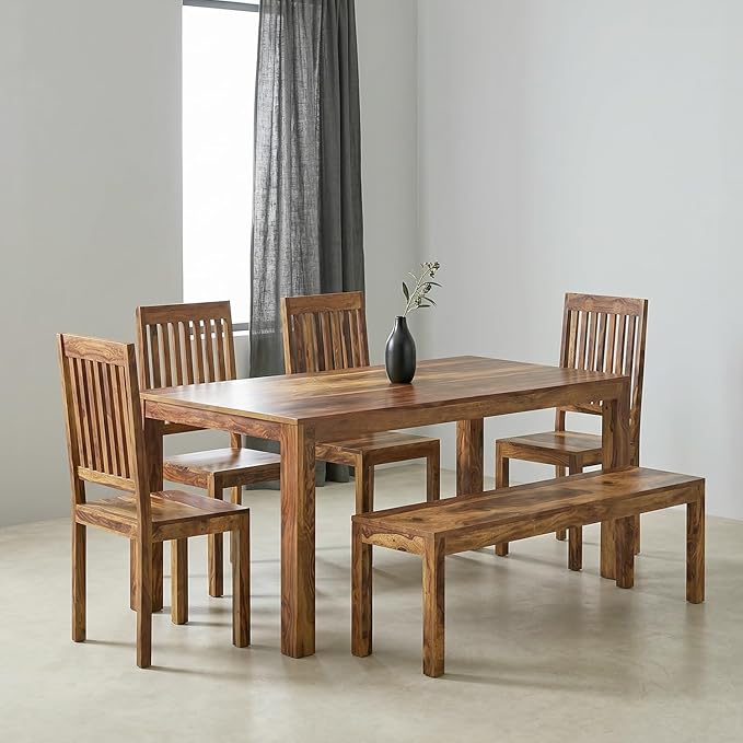 Amazon Brand - Solimo Solid Sheesham Wood Phiara 6 Seater Dining Table with 1 Bench and 4 Cushioned Chairs | Wooden Furniture for Dining Room, Hotel and Home (Natural Finish)