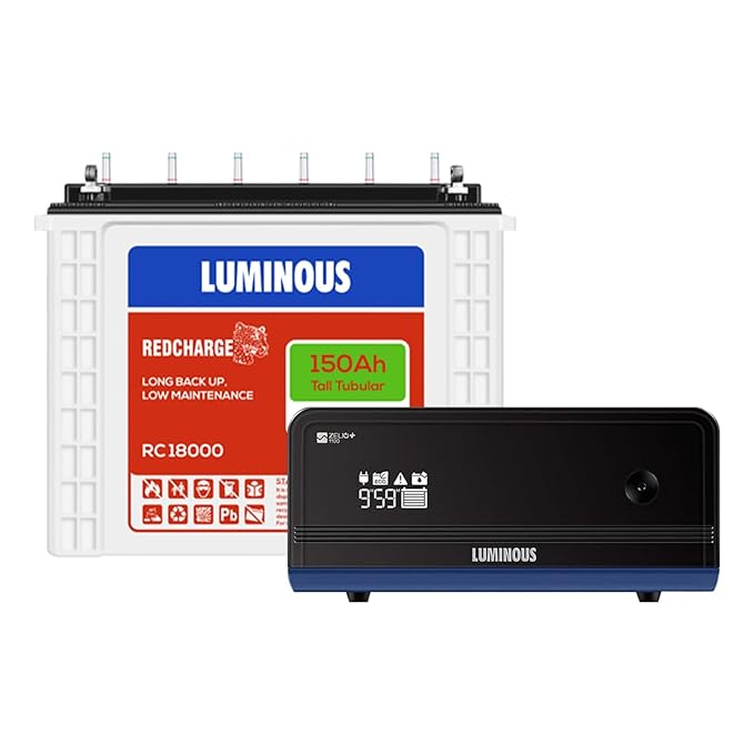 Luminous Inverter & Battery Combo for Home, Office & Shops | Zelio+ 1100 (900VA/12V) Pure Sine Wave Inverter | RC 18000 150 Ah Tall Tubular Battery | 36 M Inverter & 36 M Battery Warranty