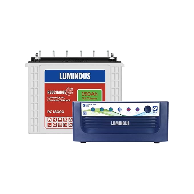 Luminous Inverter & Battery Combo for Home, Shop & Office – Eco Volt Neo 1050 (900VA/12V) Sine Wave Inverter + RC18000 150Ah Tall Tubular Battery | 36M Warranty on Inverter & Battery