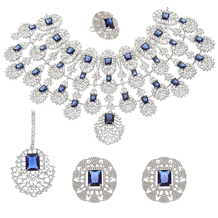 ZENEME Rhodium-Plated American Diamond Studded Tasselled Necklace With Earrings Ring & MaangTikka Jewellery Set For Girls and Women
