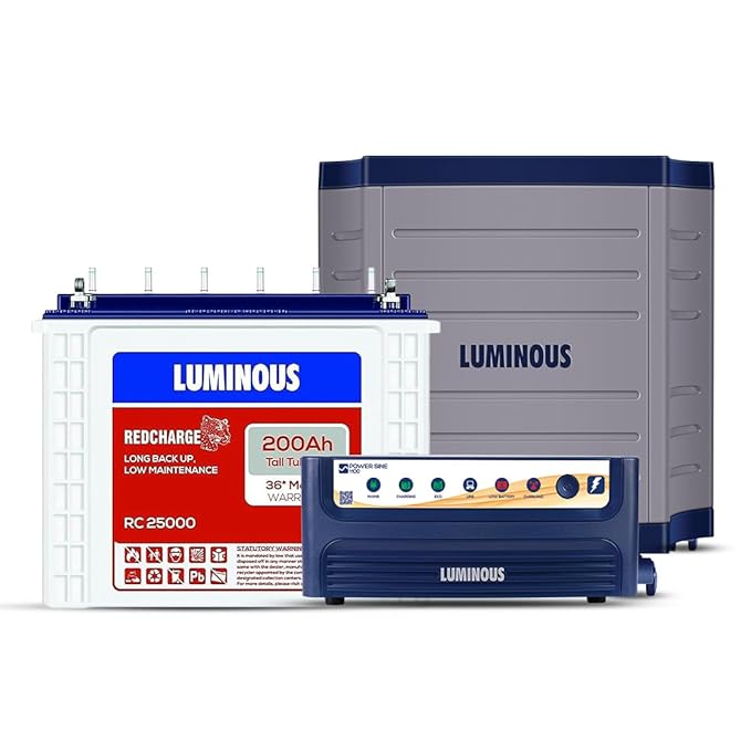 Luminous Inverter & Battery Combo with Trolley for Home & Shops | Power sine 1100 (900VA/12V) Pure Sine Wave Inverter | RC 25000 200 Ah Tall Tubular Battery | 36 M Inverter & 36 M Battery Warranty
