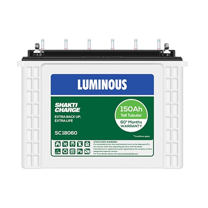 Luminous Shakti Charge SC 18060 150 Ah 12V Tall Tubular Inverter Battery for Home, Office & Shops | Leak Resistant & Low Maintenance | Compatible with All Inverter Types | 60 Months Warranty