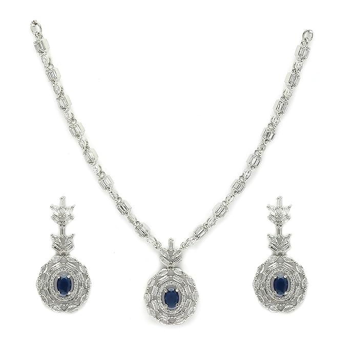 ZENEME Rhodium-Plated Silver Toned Square & Circular Shaped American Diamond Studded Necklace with Earring Jewellery Set for Girls and Women