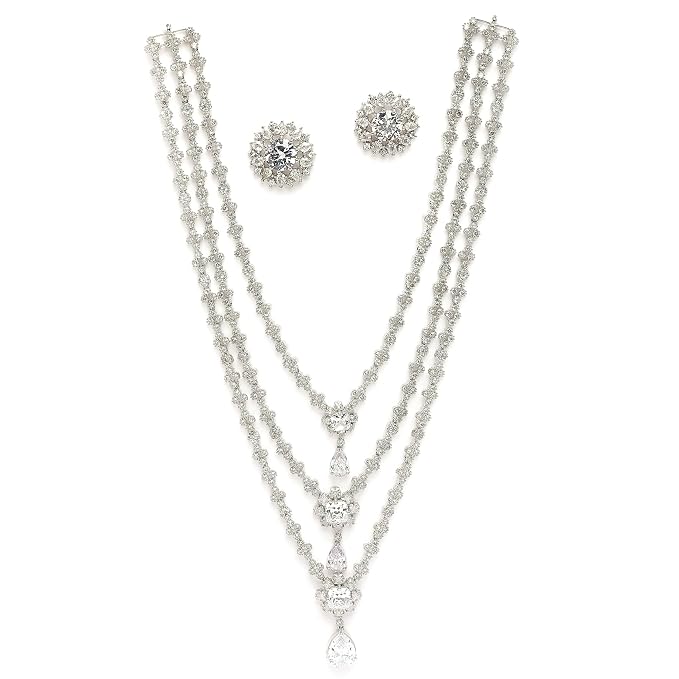 ZENEME Rhodium Plated Silver Toned American Diamond Studded Multi Layered Necklace With Earrings Jewellery Set For Women & Girls