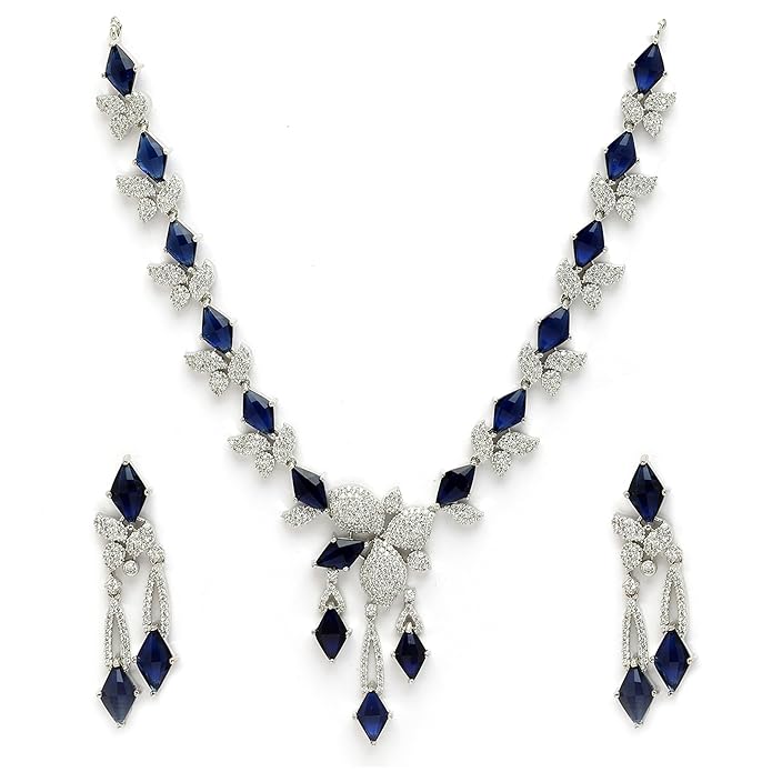 ZENEME Rhodium-Plated Blue Floral Leaf Drop American Diamond Necklace Set with Earrings for Women & Girls Silver Toned Designer Statement Jewellery Set