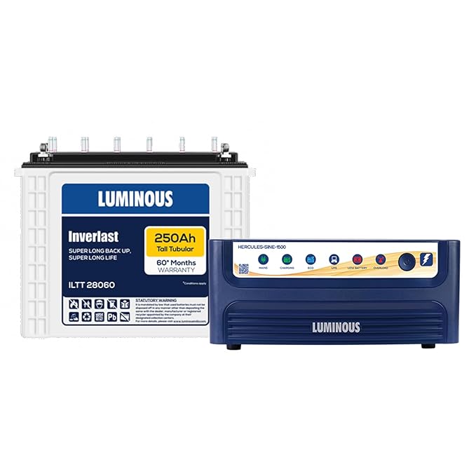 Luminous Inverter & Battery Combo for Home, Office & Shops | Hercules Sine Pro 1500 (1400VA/12V) Pure Sine Wave Inverter | ILTT 28060 250 Ah Tall Tubular Battery | 36M Inverter & 60M Battery Warranty