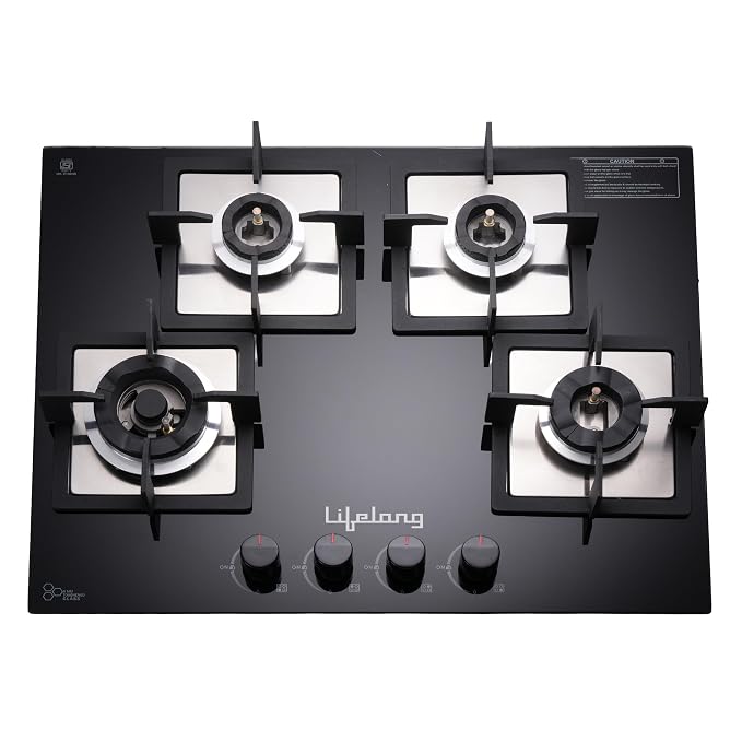 Lifelong 4 Burner Built-In Hob | 8mm Thick Toughened Glass | Highly Efficient Auto Ignition Tabletop Gas Stove & Wok Burner | 360° Multidirectional Gas Inlet | Spill-Proof & Easy Clean Surface (Black)