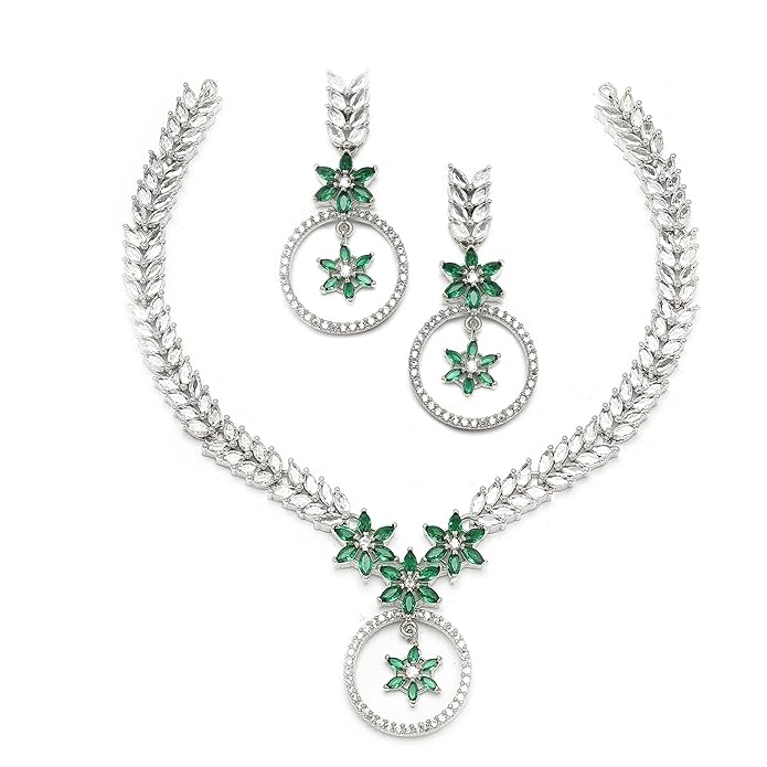 ZENEME Rhodium-Plated American Diamond Studded Star & Leaf Shaped Necklace With Earrings Jewellery Set For Girls and Women