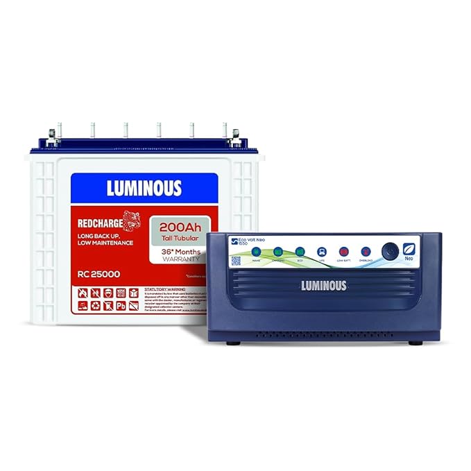 Luminous Inverter & Battery Combo for Home, Office & Shops | Eco Volt Neo 1550 (1400VA/12V) Pure Sine Wave Inverter | RC 25000 200 Ah Tall Tubular Battery | 36 M Inverter & 36 M Battery Warranty