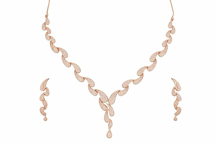 Nilu’s Collection Rose Gold Plated American Diamond Necklace & Earrings Set For Women | Anti-Tranish | Anti Allergy | Latest Fashion Jewellery Accessories for Girls | Minimal Jewelry | Ideal for Gifting