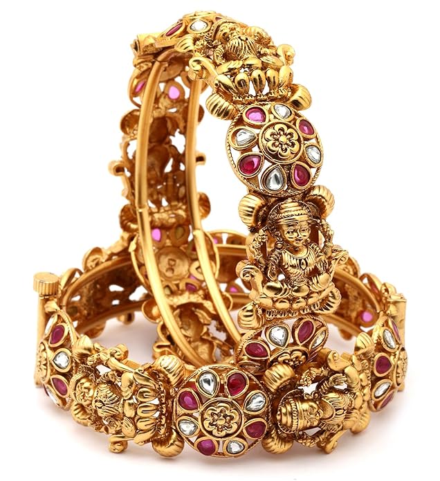 Shining Diva Fashion 18k Gold Plated Temple Jewellery Bangles for Women | Set of 2 Bangles Set | Latest Stylish Traditional Kada Bangles | Just Like Real Gold Jewellery