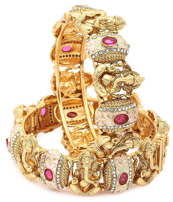 Shining Diva Fashion 18k Gold Plated Lord Ganesha Bangles for Women | Set of 2 Bangles Set | Ruby Diamonds Studded Jewellery | Latest Stylish Traditional Kada Bangles | Just Like Real Gold Temple Jewellery