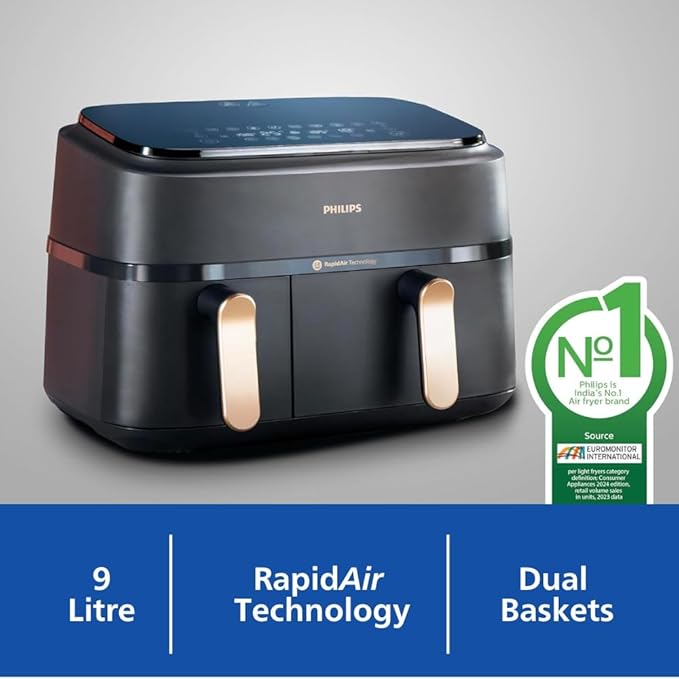 PHILIPS Air Fryer NA352/00 9L capacity, Dual basket (6L & 3L) Airfryer oven | Cook 500+ Recipes with 90% less oil, Rapid Air Technology for even cooking, Touch Control with 8 Preset menus, Large capacity