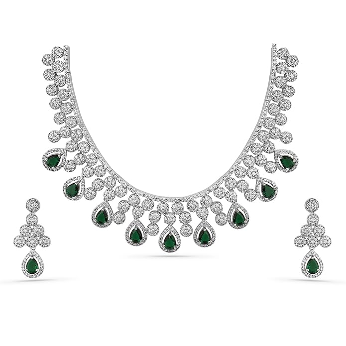 Rubans Necklace Set American Diamond Zirconia Studded Traditional Jewellery Gift for Women & Girls