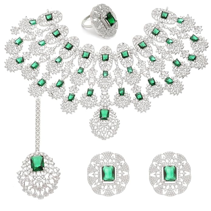 ZENEME Rhodium-Plated American Diamond Studded Tasselled Necklace With Earrings Ring & MaangTikka Jewellery Set For Girls and Women