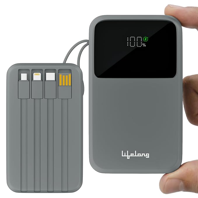 Lifelong Electronics 20000mAh 22.5W Fast Charging Power Bank | 3 Inputs (1 Built-in USB A Cable + 1 C + 1 Lightning Port) & 6 Outputs (3 Built-in Cables + 1 C + 2 A Port) | Small Pocket Size Powerbank