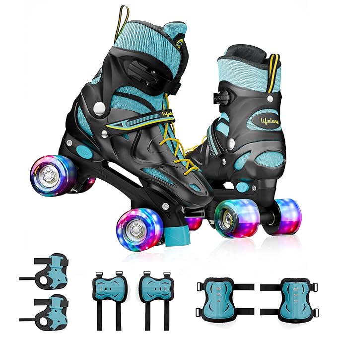 Lifelong Kids Adjustable Skating Shoes with LED Lights – Inline Roller Skating with Adjustable Size, Playful Lighting with Safety Pads, 1 Pair of Skates, Durable Frame – Black, S (17.5-20 cm)