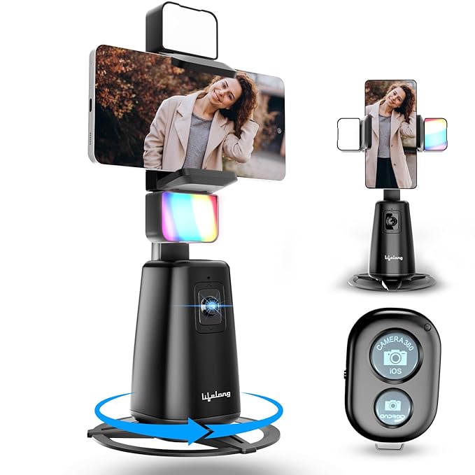 Lifelong Rechargeable AI Auto Face Tracking Tripod Phone Holder | 360° Rotation | Mobile Stand with Camera for Video Recording & Shooting | No App Needed | Gimbal with Light, Remote & Gesture Control